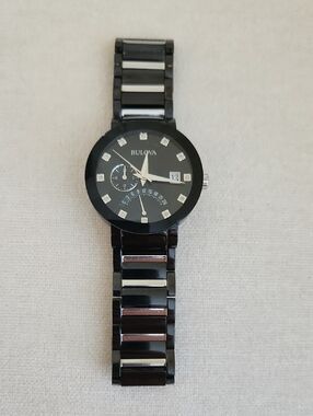 Bulova Black and Silver Ceramic Bracelet Watch with Crystal Accents